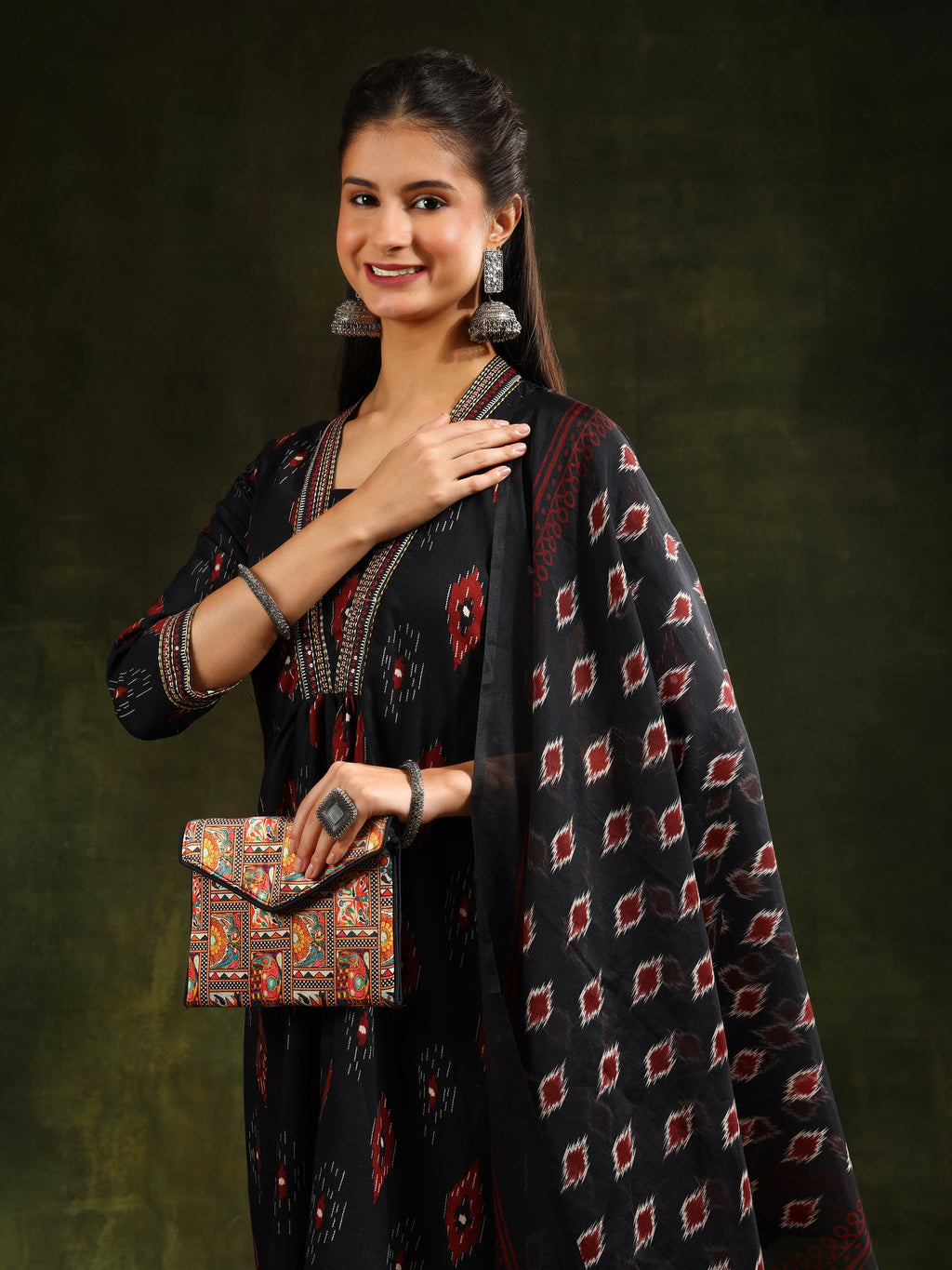 Black Ethnic Motifs Printed A-Line Kurta Set with Pant and Dupatta