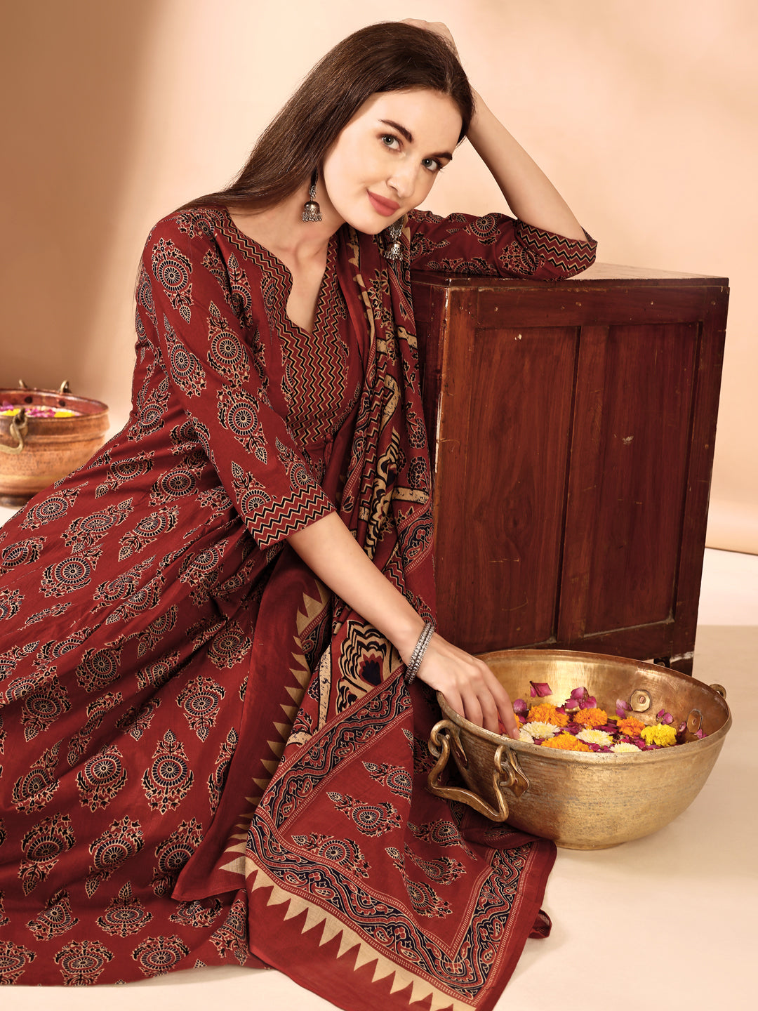 Rust Flared Ethnic Motifs Printed Kurta Set with Palazzo
