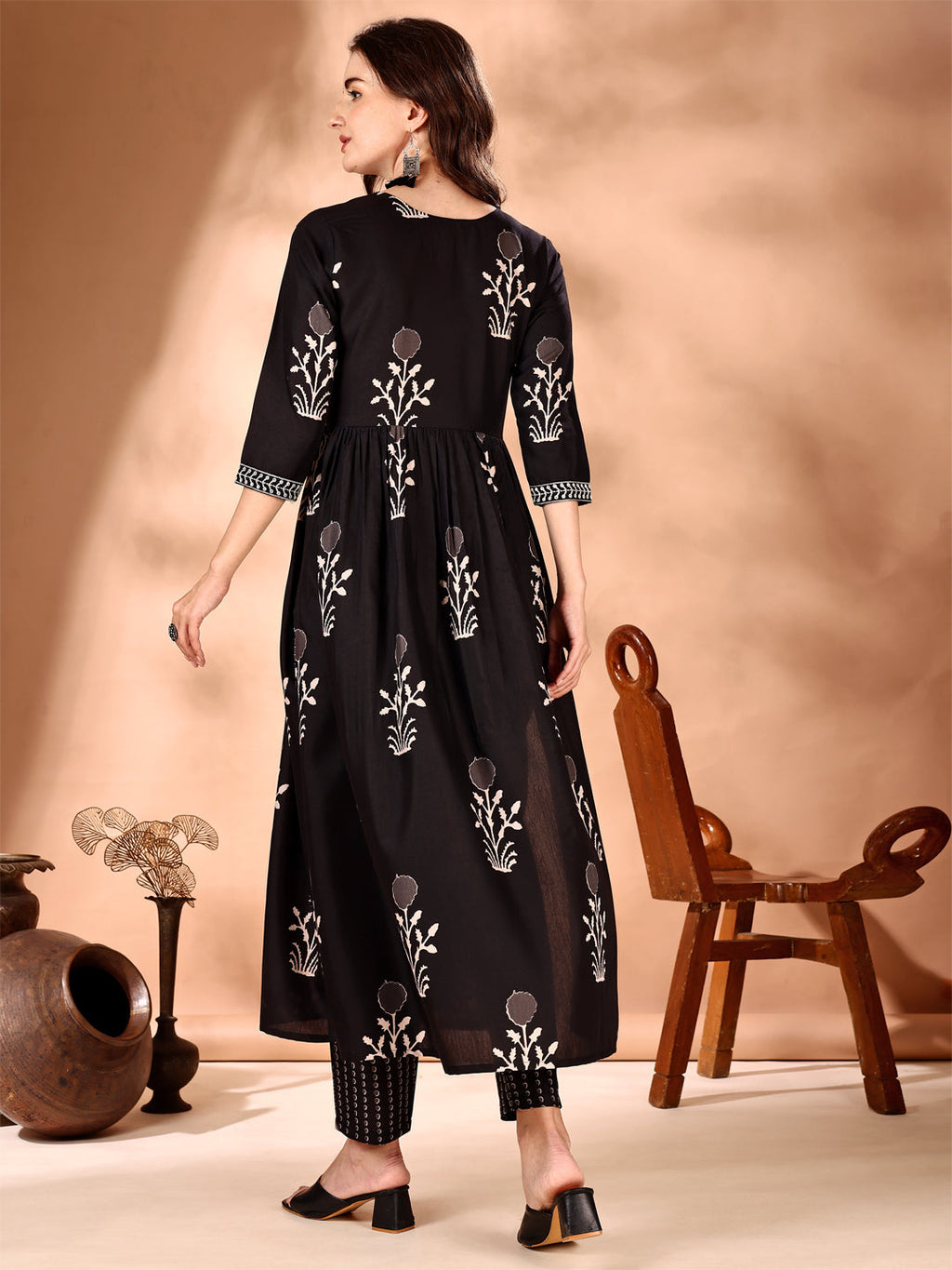 Black Flared Kurta Set with Ethnic Motif Prints and Embroidery
