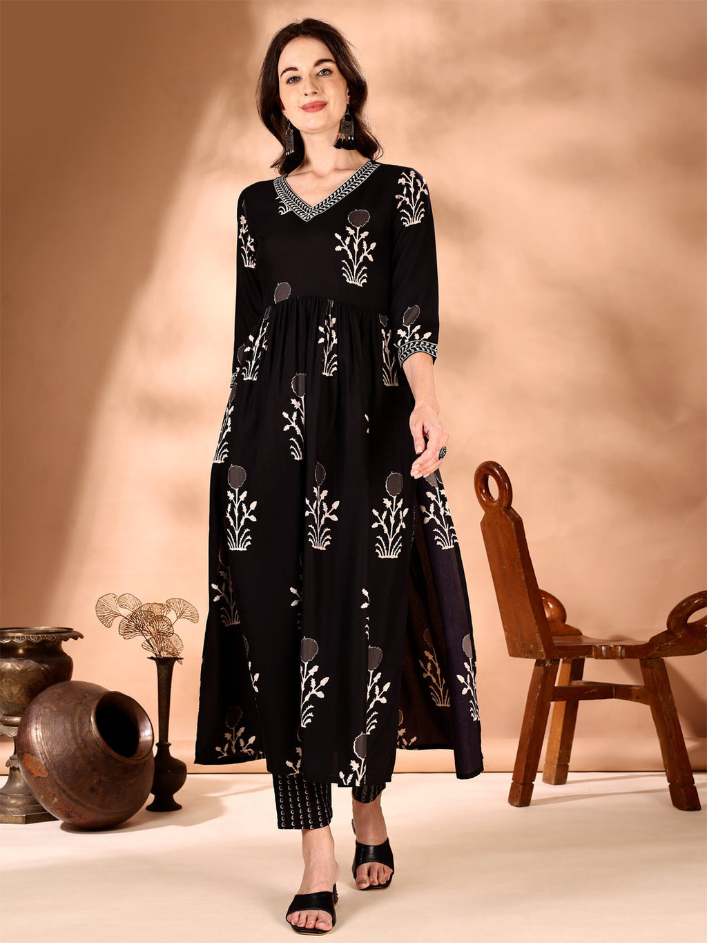 Black Flared Kurta Set with Ethnic Motif Prints and Embroidery