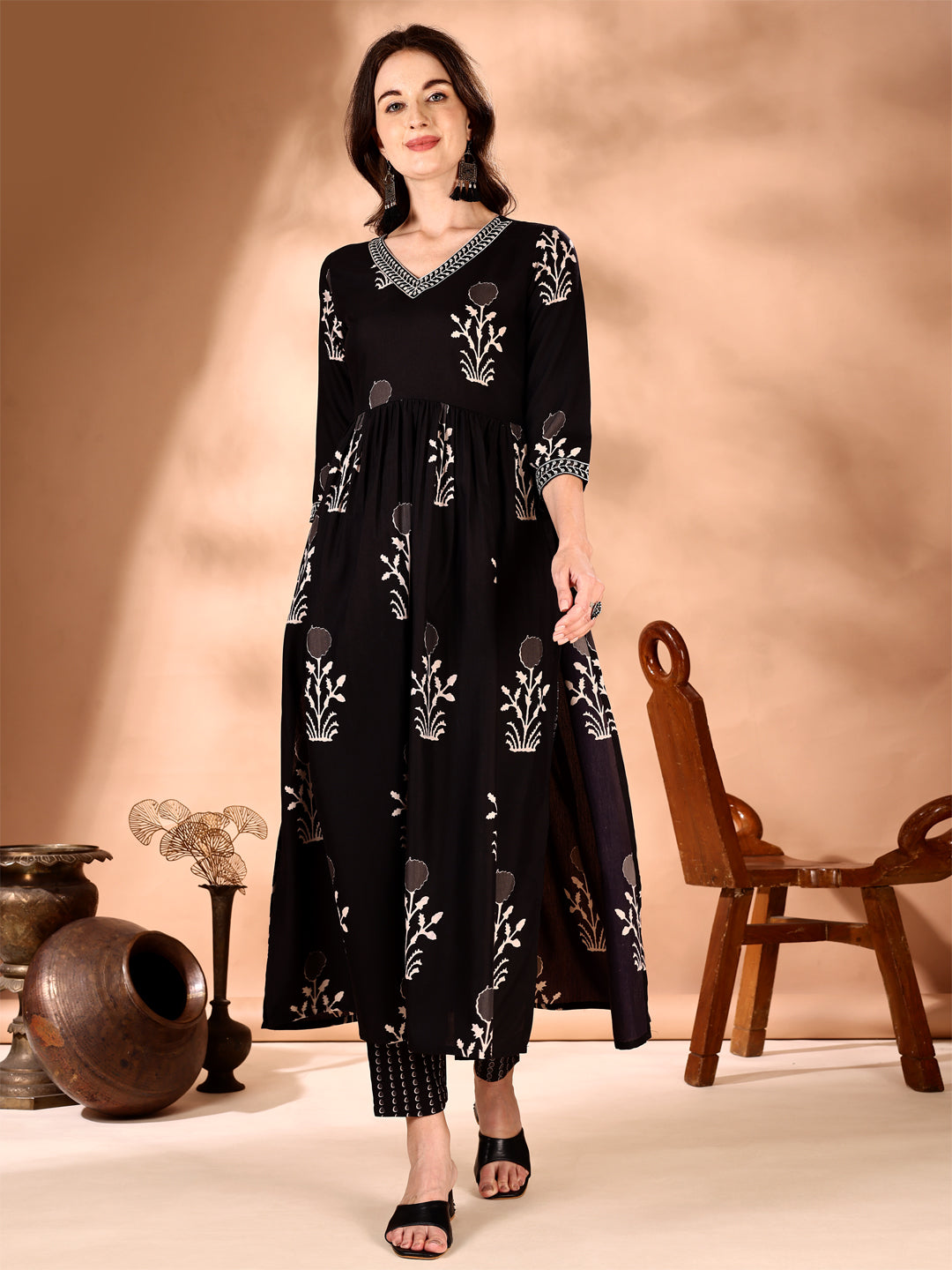 Black Flared Kurta Set with Ethnic Motif Prints and Embroidery