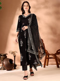 Black flared kurta featuring ethnic motif prints and embroidery with matching pants and dupatta.
