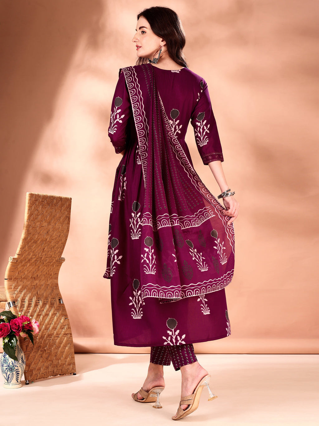 Embroidered Purple Ethnic Printed Flared Kurta Set with Dupatta