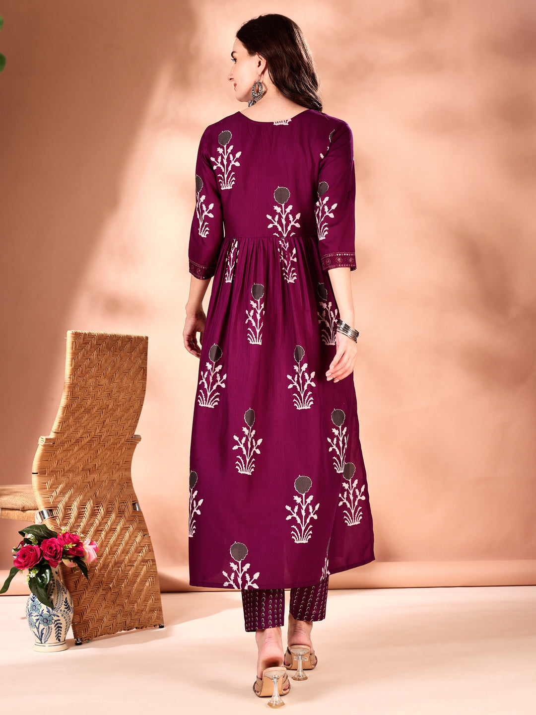 Embroidered Purple Ethnic Printed Flared Kurta Set with Dupatta