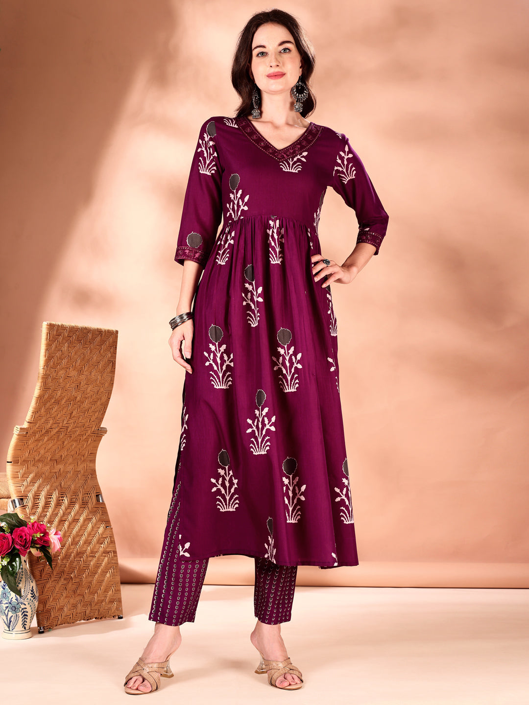 Embroidered Purple Ethnic Printed Flared Kurta Set with Dupatta