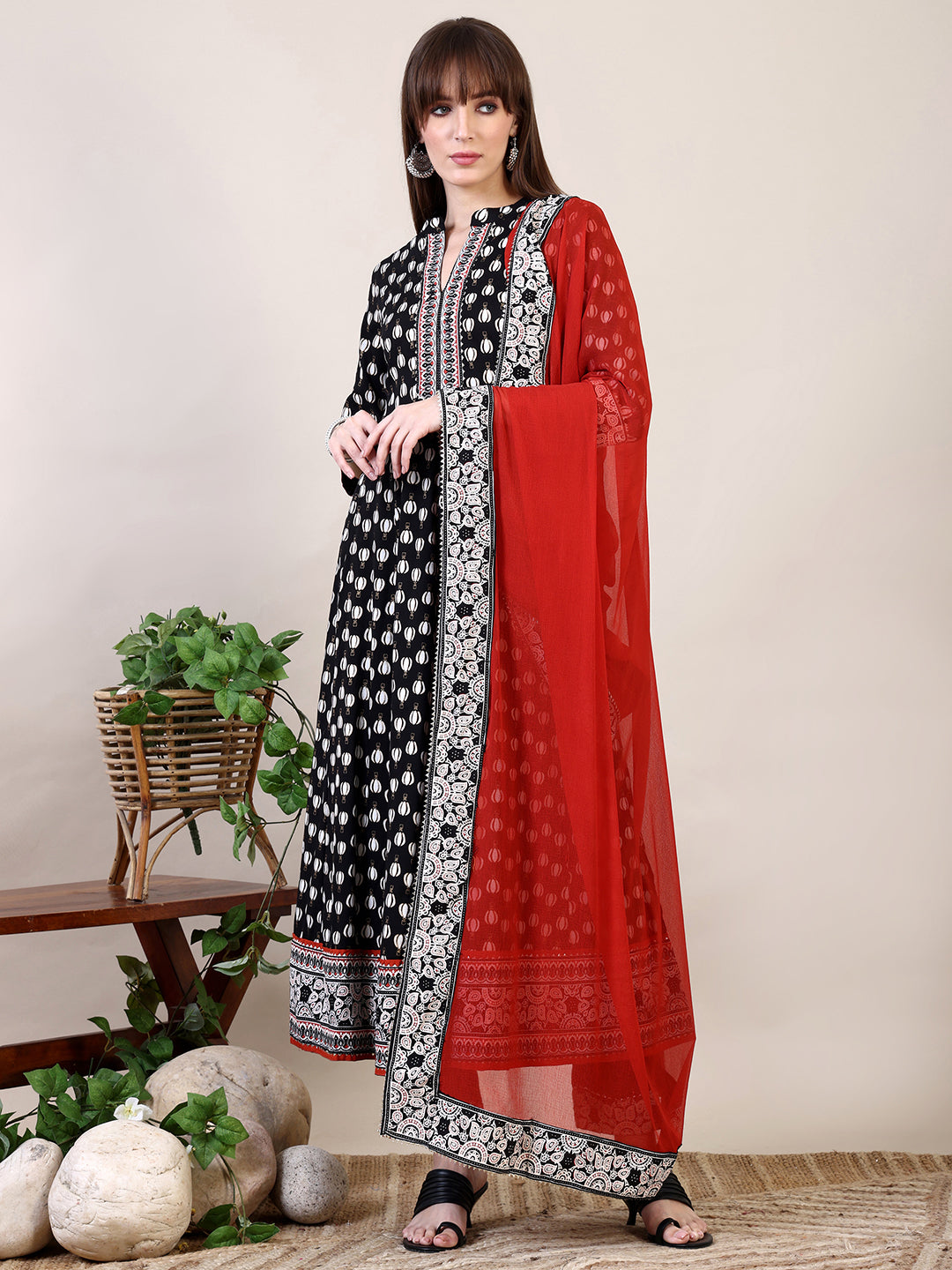 Black Khari Printed Anarkali Flared Kurta Set with Dupatta