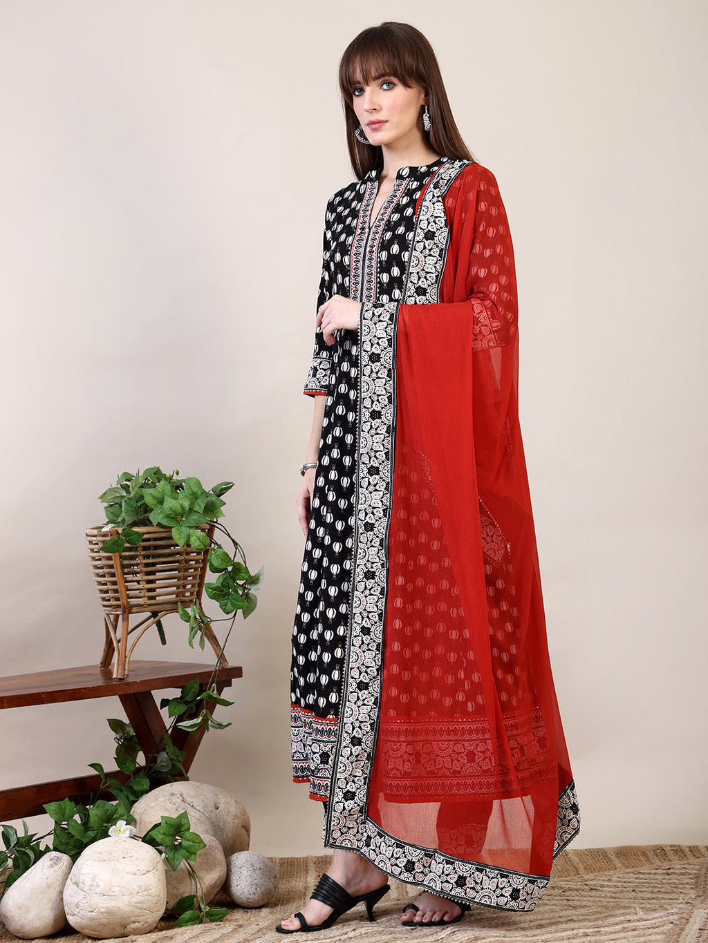 Black Khari Printed Anarkali Flared Kurta Set with Dupatta