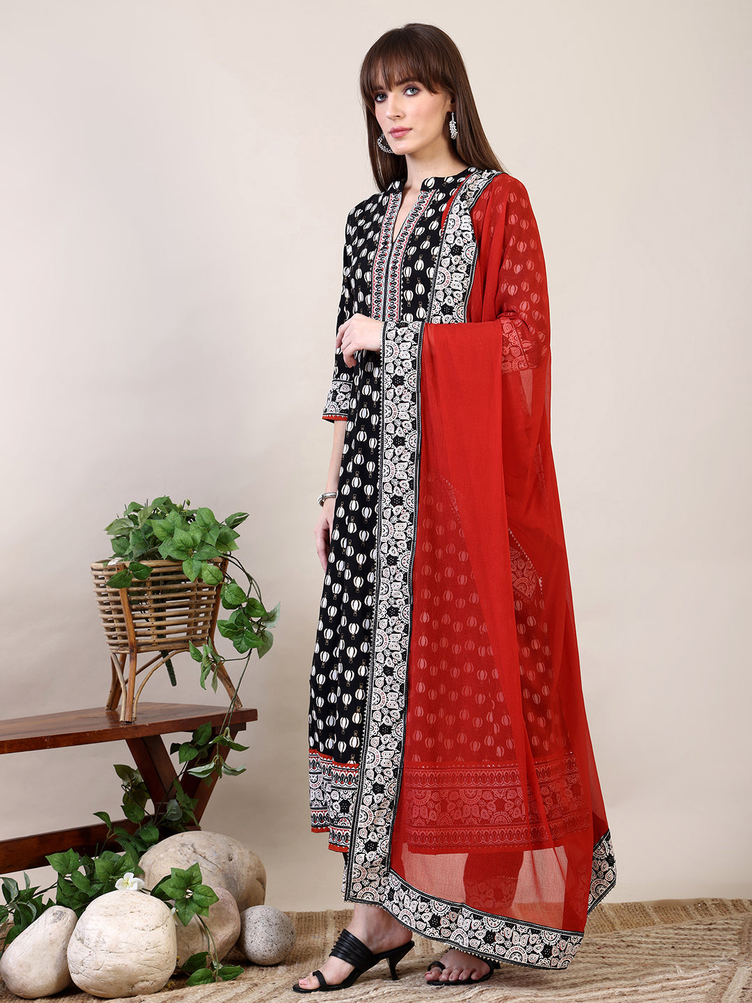 Black Khari Printed Anarkali Flared Kurta Set with Dupatta