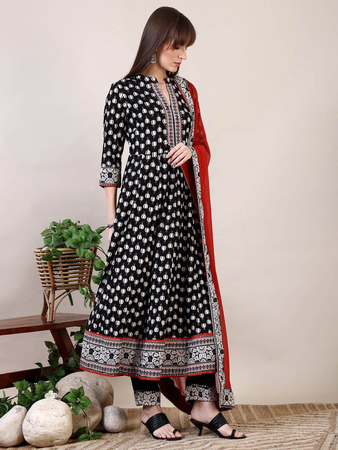 Black Khari Printed Anarkali Flared Kurta Set with Dupatta