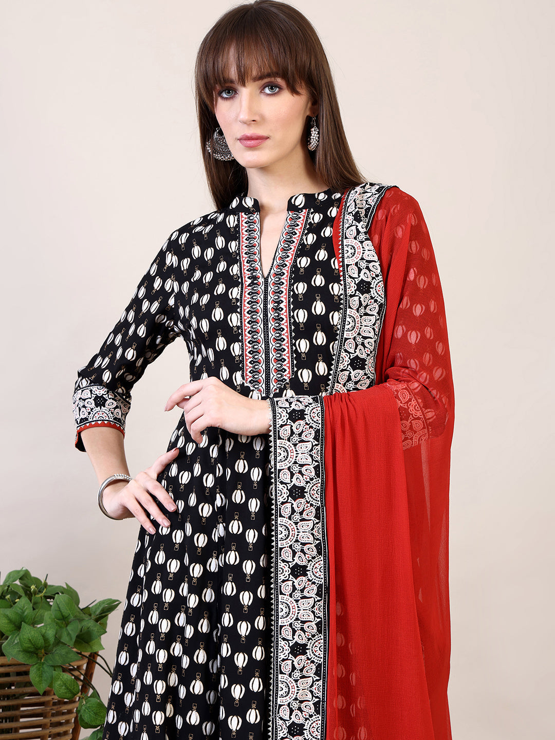 Black Khari Printed Anarkali Flared Kurta Set with Dupatta