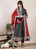 Black flared Anarkali kurta with Khari print, 3/4 sleeves, pants, and matching dupatta