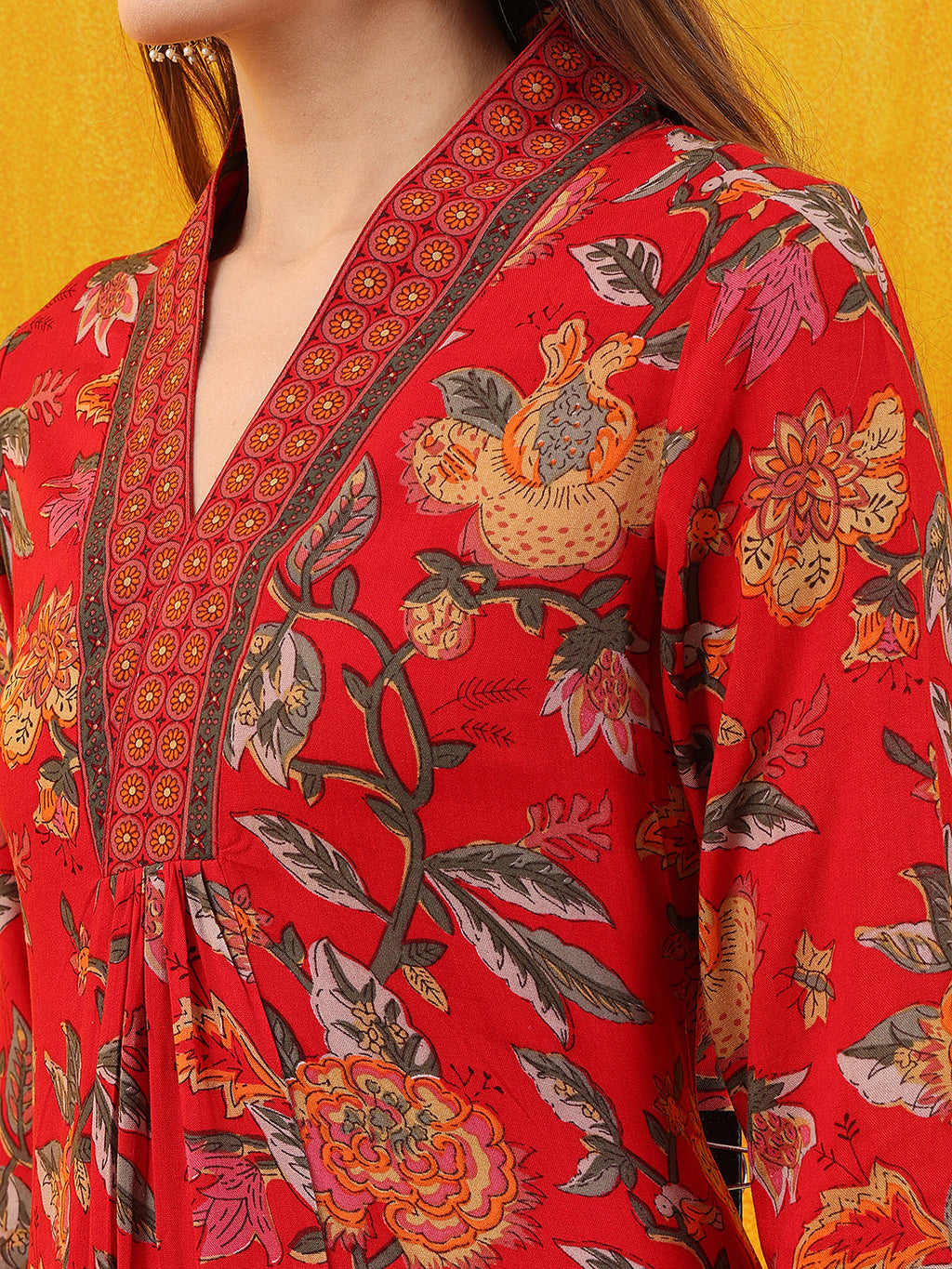 Red Floral Printed A-Line Flared Kurta Set with Palazzo
