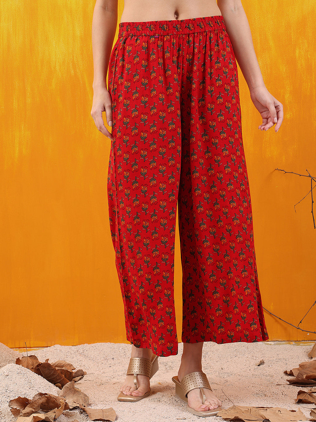 Red Floral Printed A-Line Flared Kurta Set with Palazzo