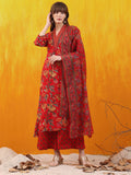 Red A-line flared kurta with floral prints, styled with comfortable palazzo pants and a dupatta.
