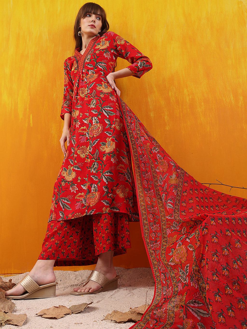 Red Floral Printed A-Line Flared Kurta Set with Palazzo