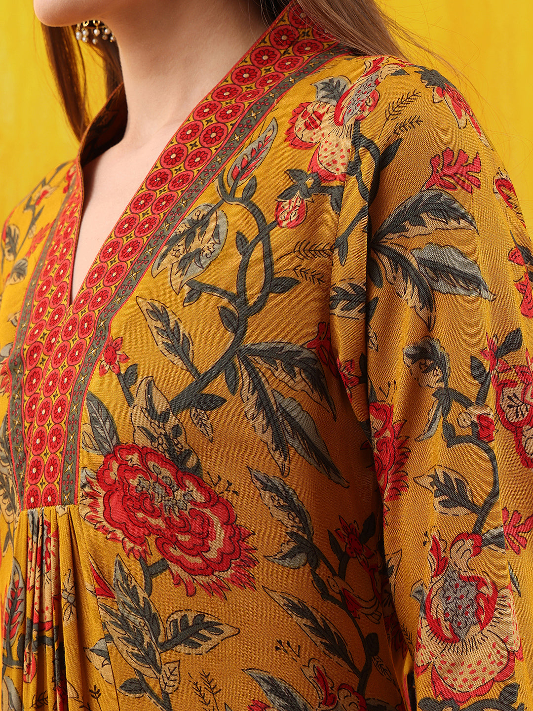 Mustard Floral Print A-Line Kurta Set with Palazzo and Dupatta