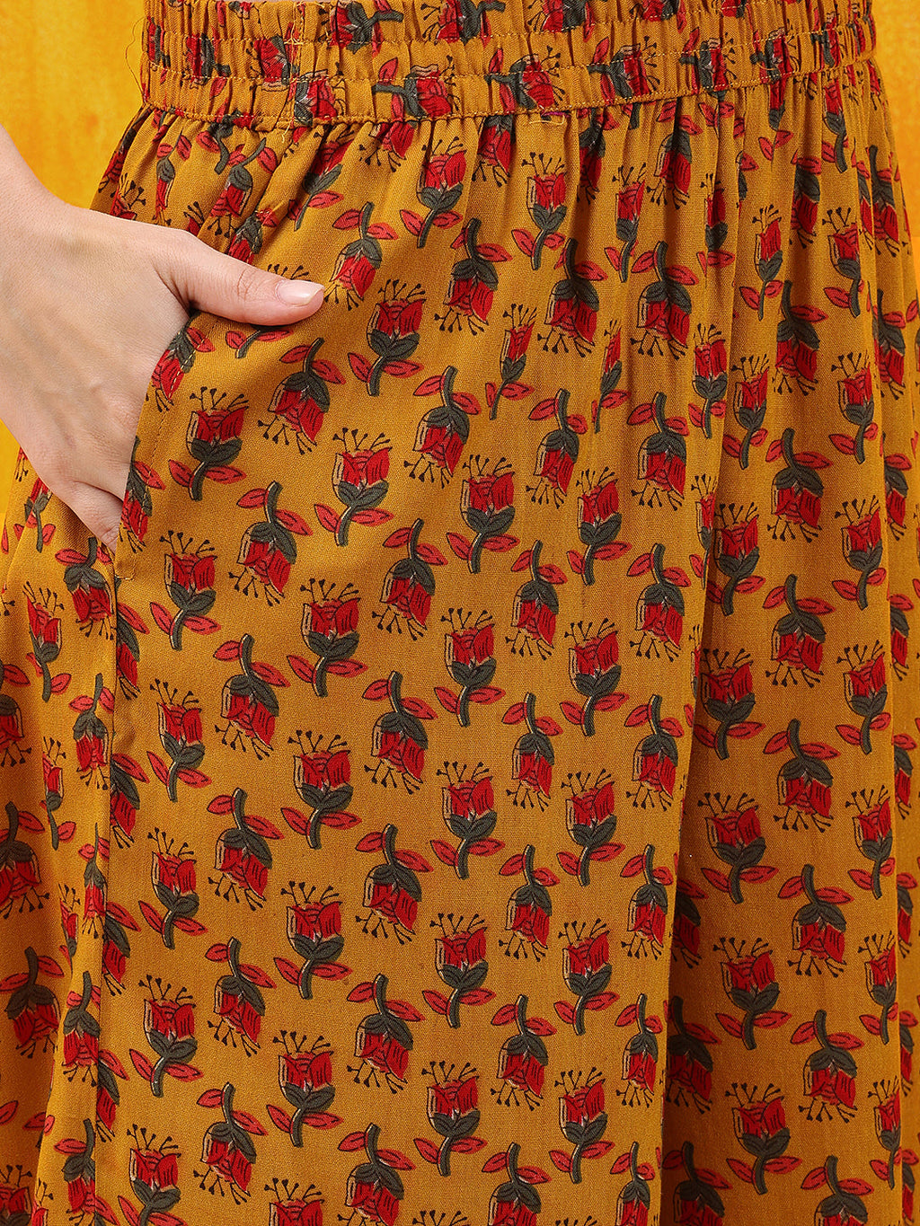 Mustard Floral Print A-Line Kurta Set with Palazzo and Dupatta