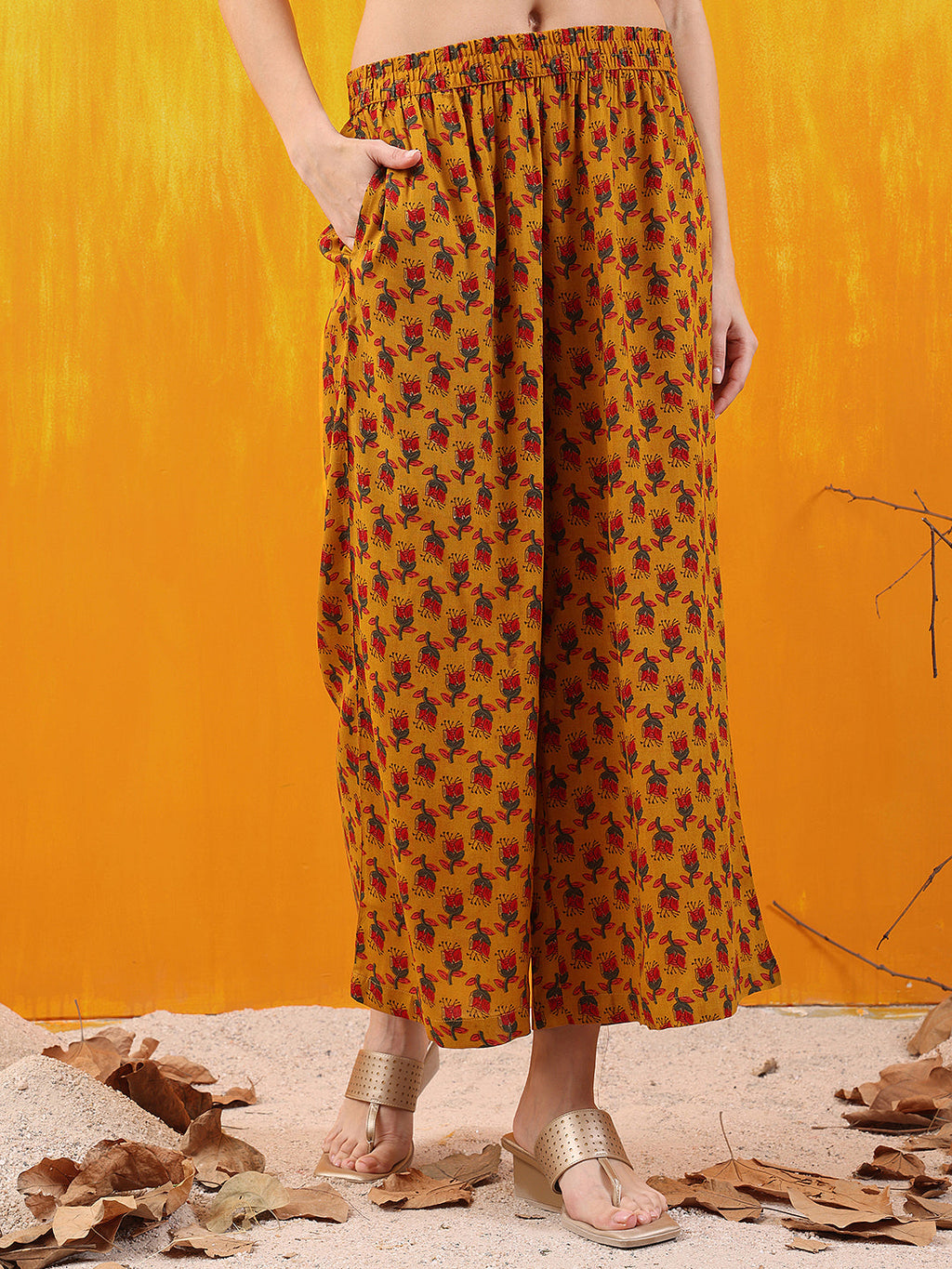 Mustard Floral Print A-Line Kurta Set with Palazzo and Dupatta