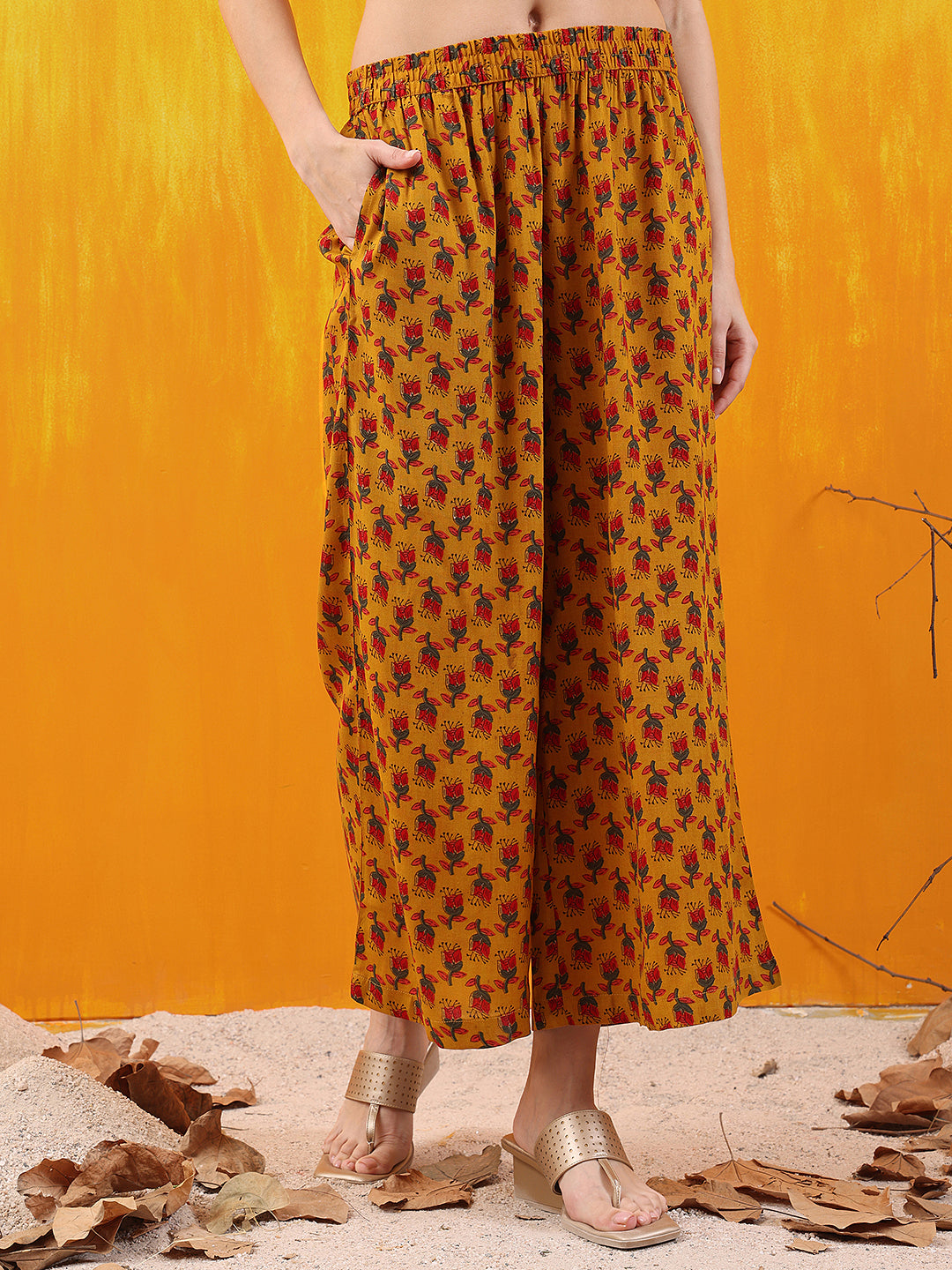 Mustard Floral Print A-Line Kurta Set with Palazzo and Dupatta