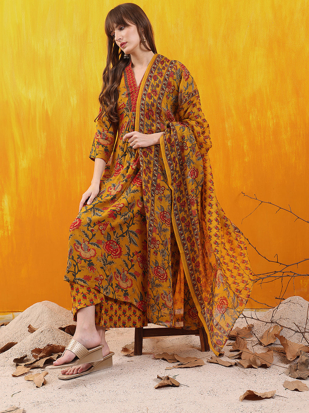 Mustard Floral Print A-Line Kurta Set with Palazzo and Dupatta
