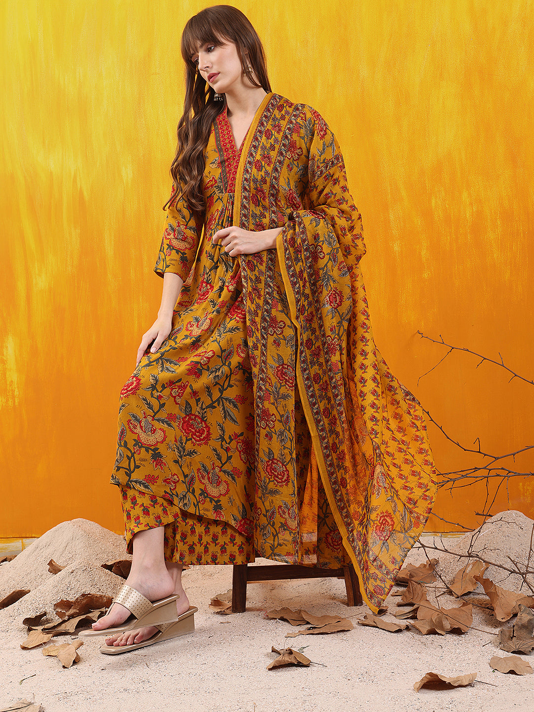 Mustard Floral Print A-Line Kurta Set with Palazzo and Dupatta