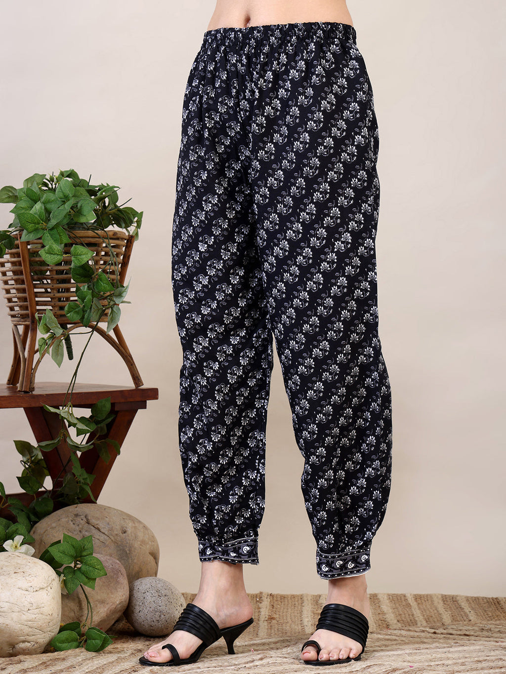Printed Flared Kurta Set with Afghani Pant and Dupatta in Black