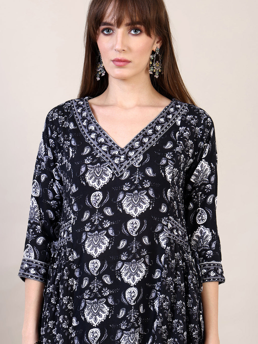 Printed Flared Kurta Set with Afghani Pant and Dupatta in Black