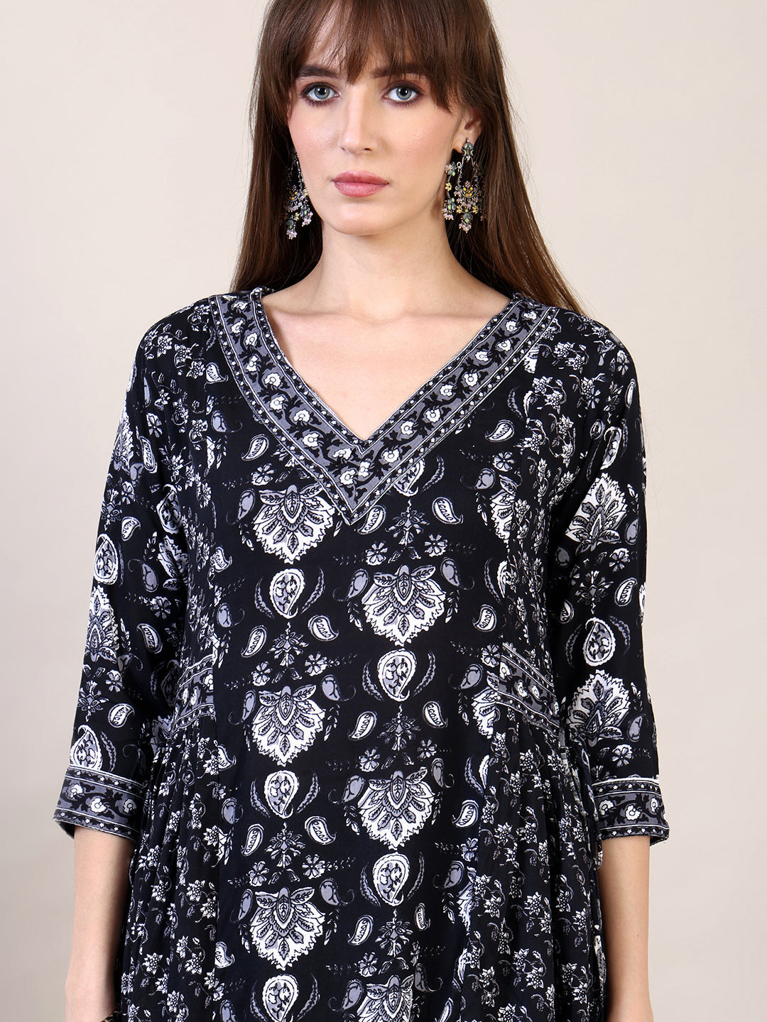 Printed Flared Kurta Set with Afghani Pant and Dupatta in Black