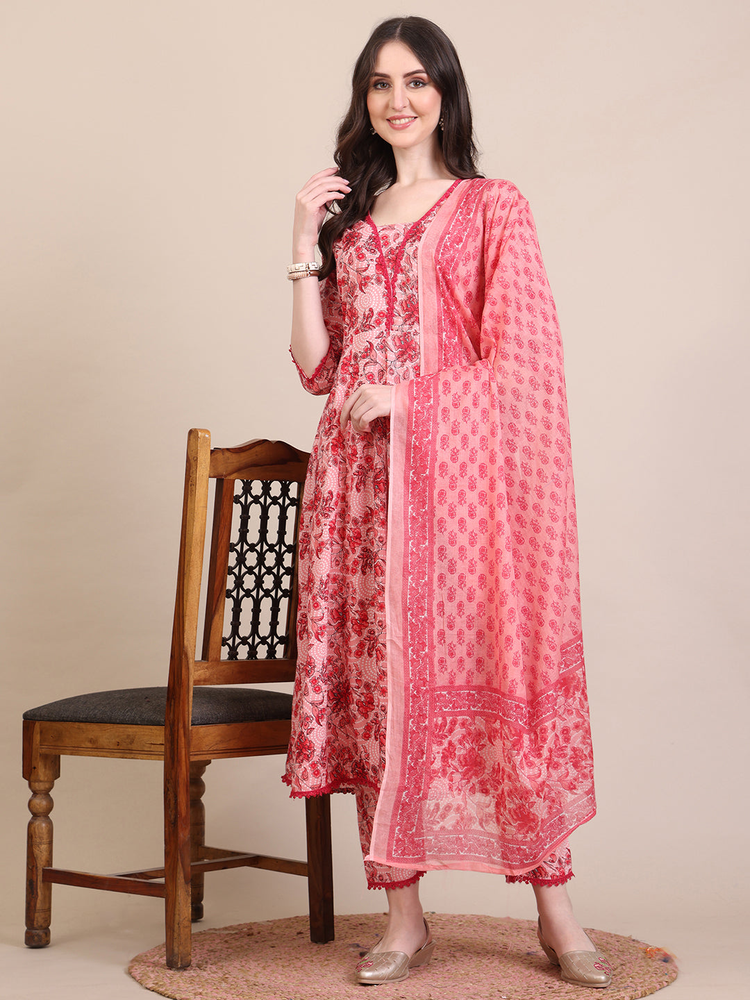 Pink floral printed flared Anarkali kurta with matching pant and dupatta