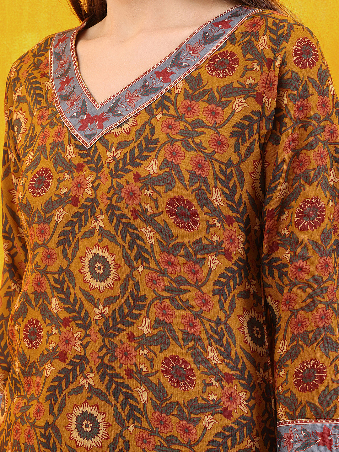Mustard Printed Kurta Set with Afghani Pant and Dupatta