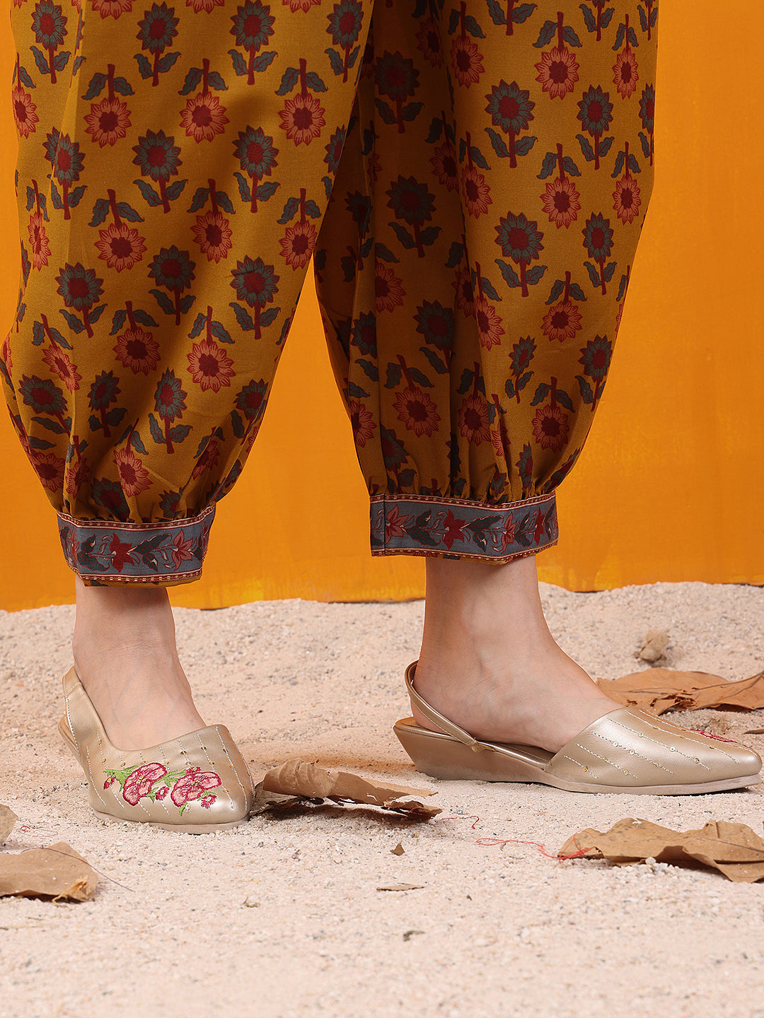 Mustard Printed Kurta Set with Afghani Pant and Dupatta