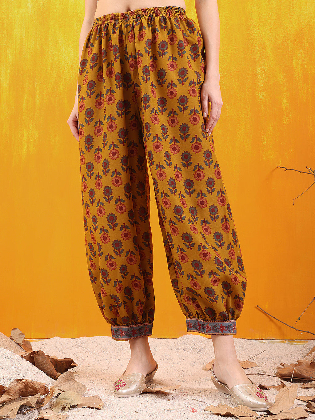 Mustard Printed Kurta Set with Afghani Pant and Dupatta