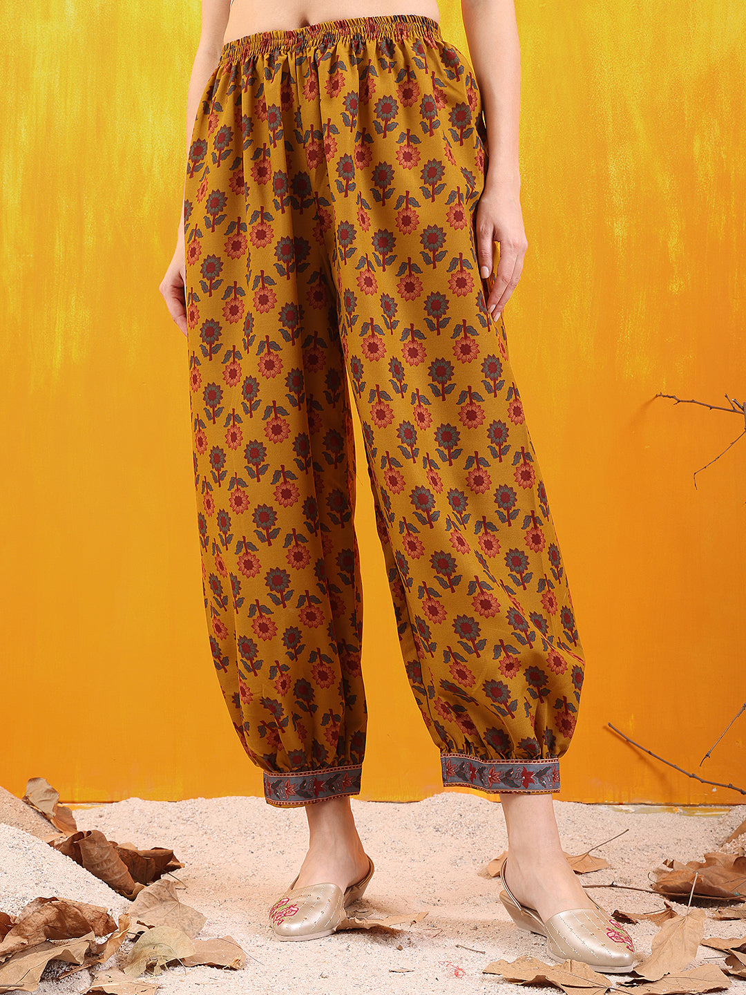 Mustard Printed Kurta Set with Afghani Pant and Dupatta
