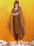 Mustard printed kurta paired with matching Afghani pants and a dupatta.