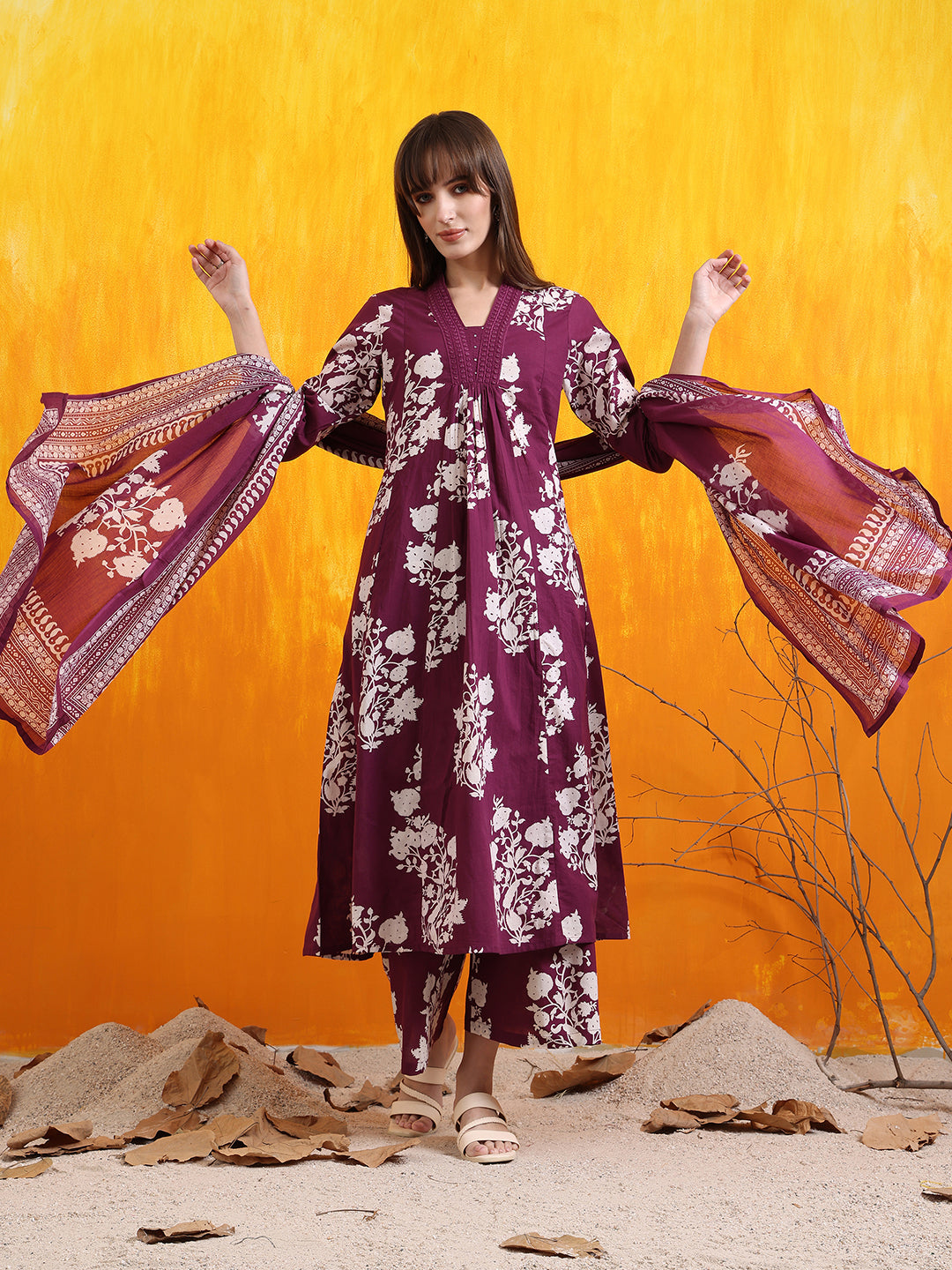 Purple Flared Embroidered and Printed Kurta Set
