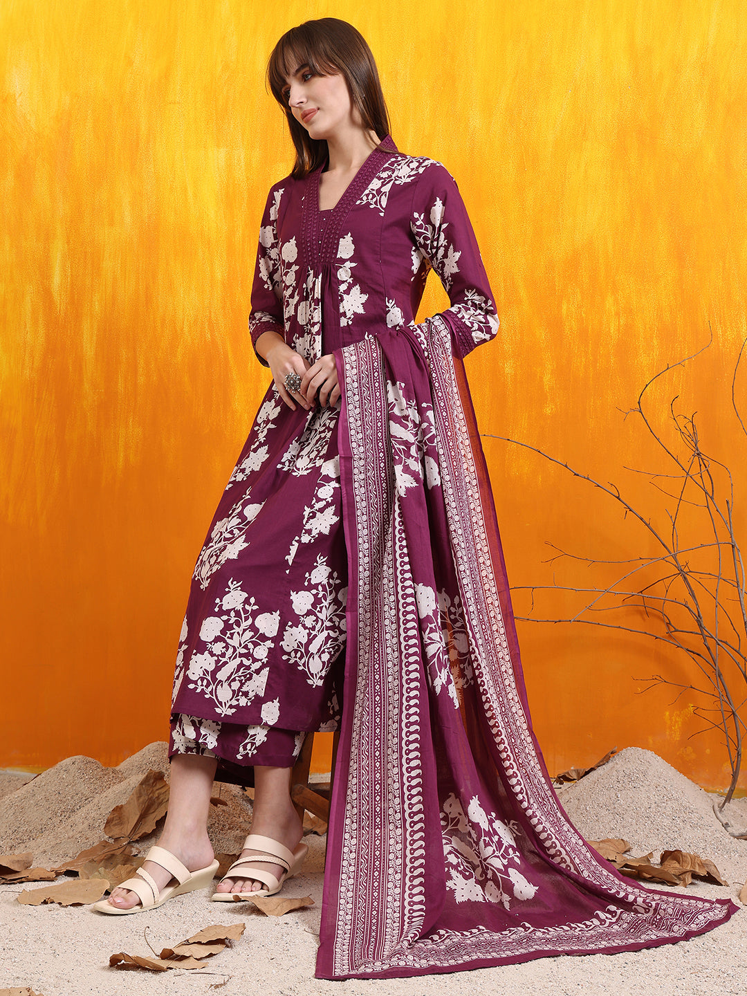 Purple Flared Embroidered and Printed Kurta Set