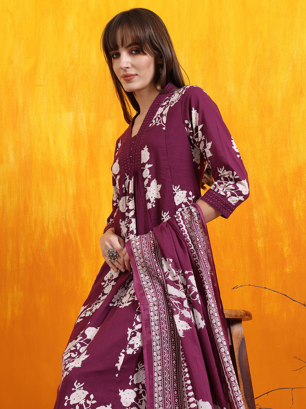 Purple Flared Embroidered and Printed Kurta Set