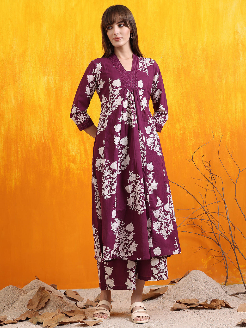 Purple Flared Embroidered and Printed Kurta Set