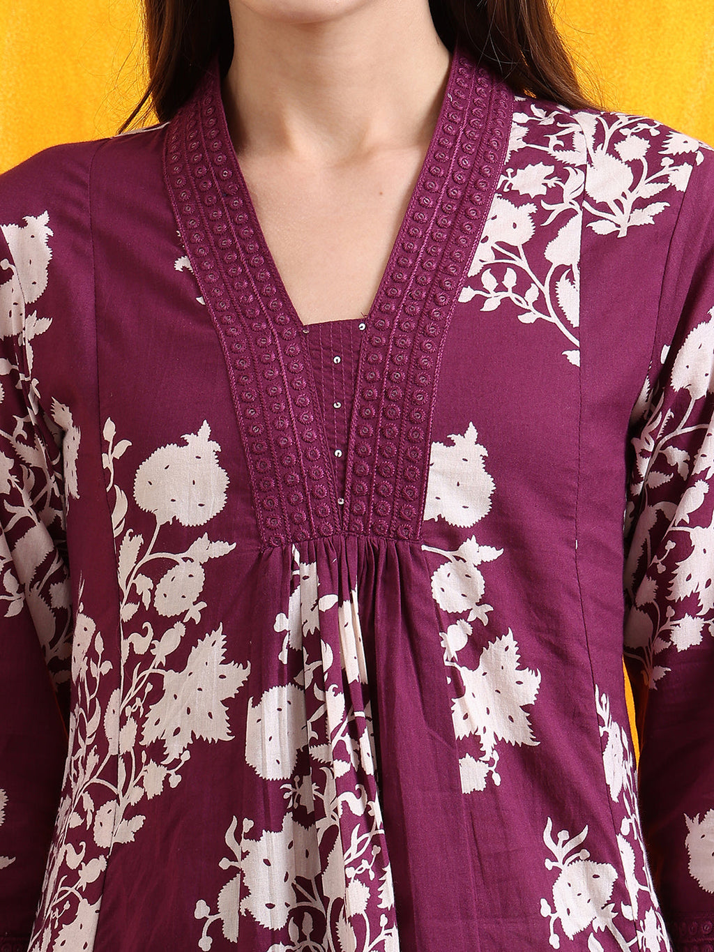 Purple Flared Embroidered and Printed Kurta Set