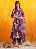 Purple flared kurta with embroidery and prints, including pant and dupatta