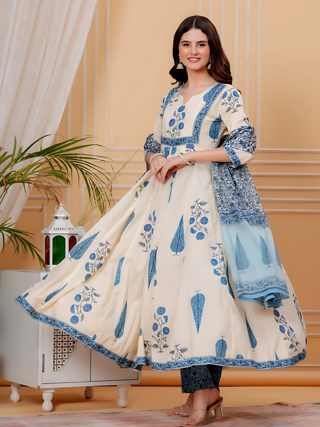 Aqua-Blue Ethnic Motifs Printed Anarkali Kurta Set with Dupatta