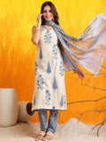 Aqua-blue cotton kurta set with ethnic motif print and matching dupatta