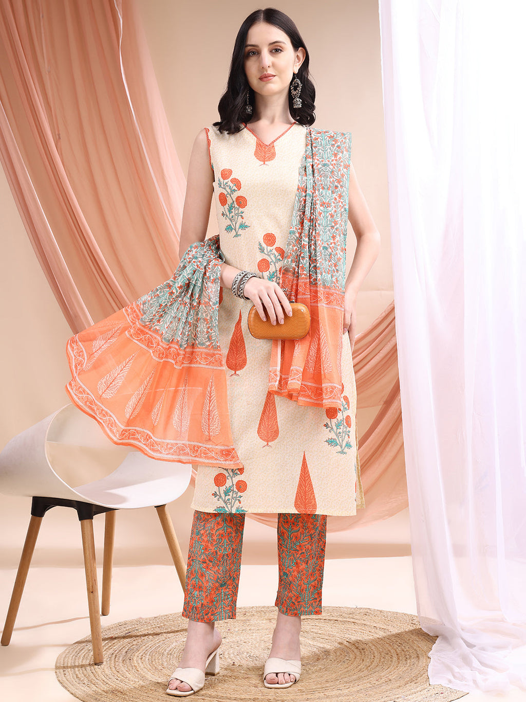 Orange Ethnic Motifs Printed Kurta Set with Pant and Dupatta