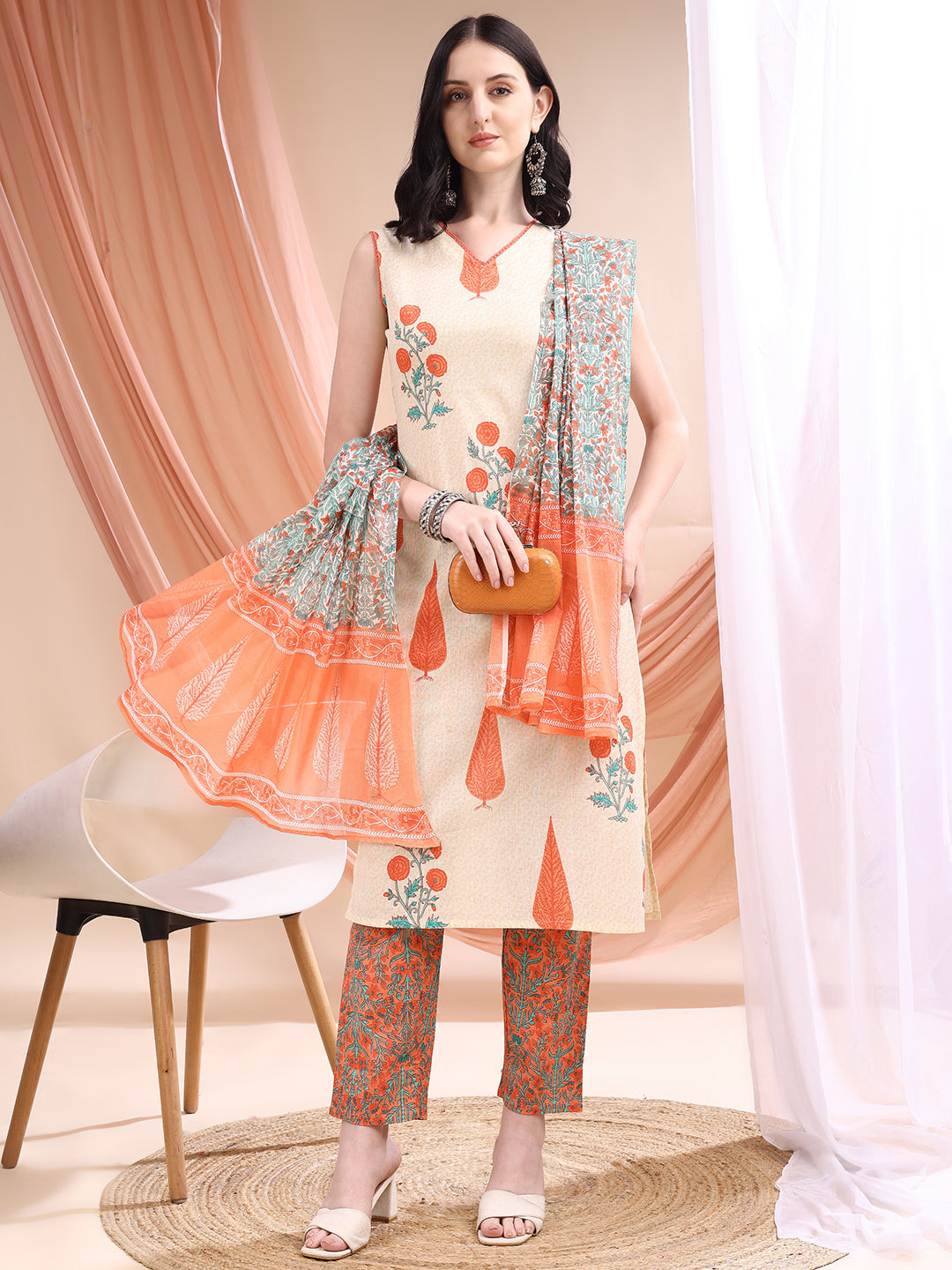 Orange Ethnic Motifs Printed Kurta Set with Pant and Dupatta