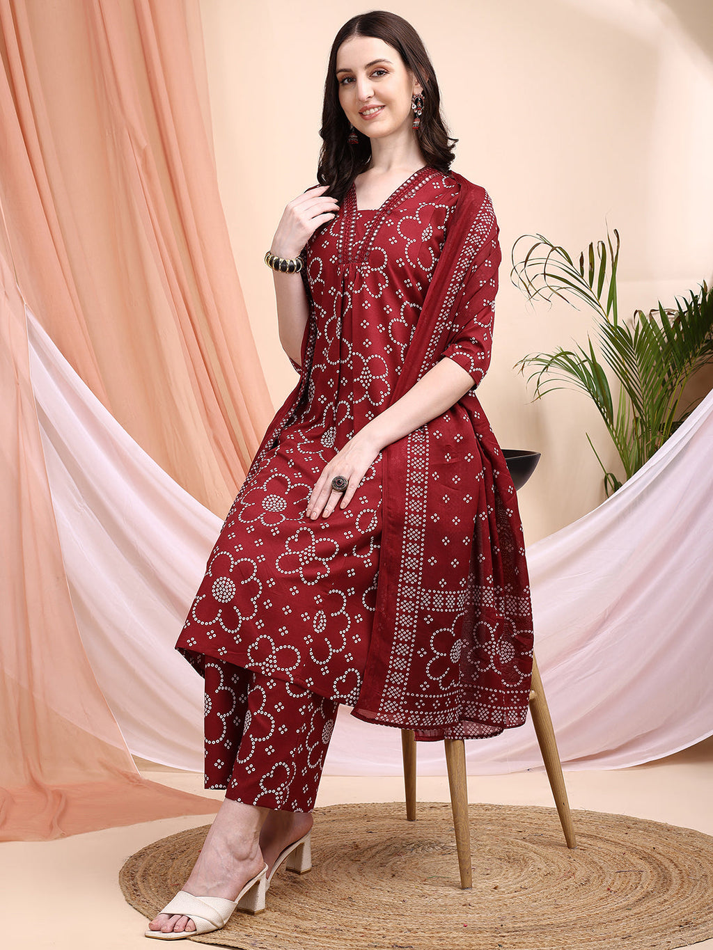 Maroon Embroidered A-Line Kurta Set with Bandhni Print & Dupatta