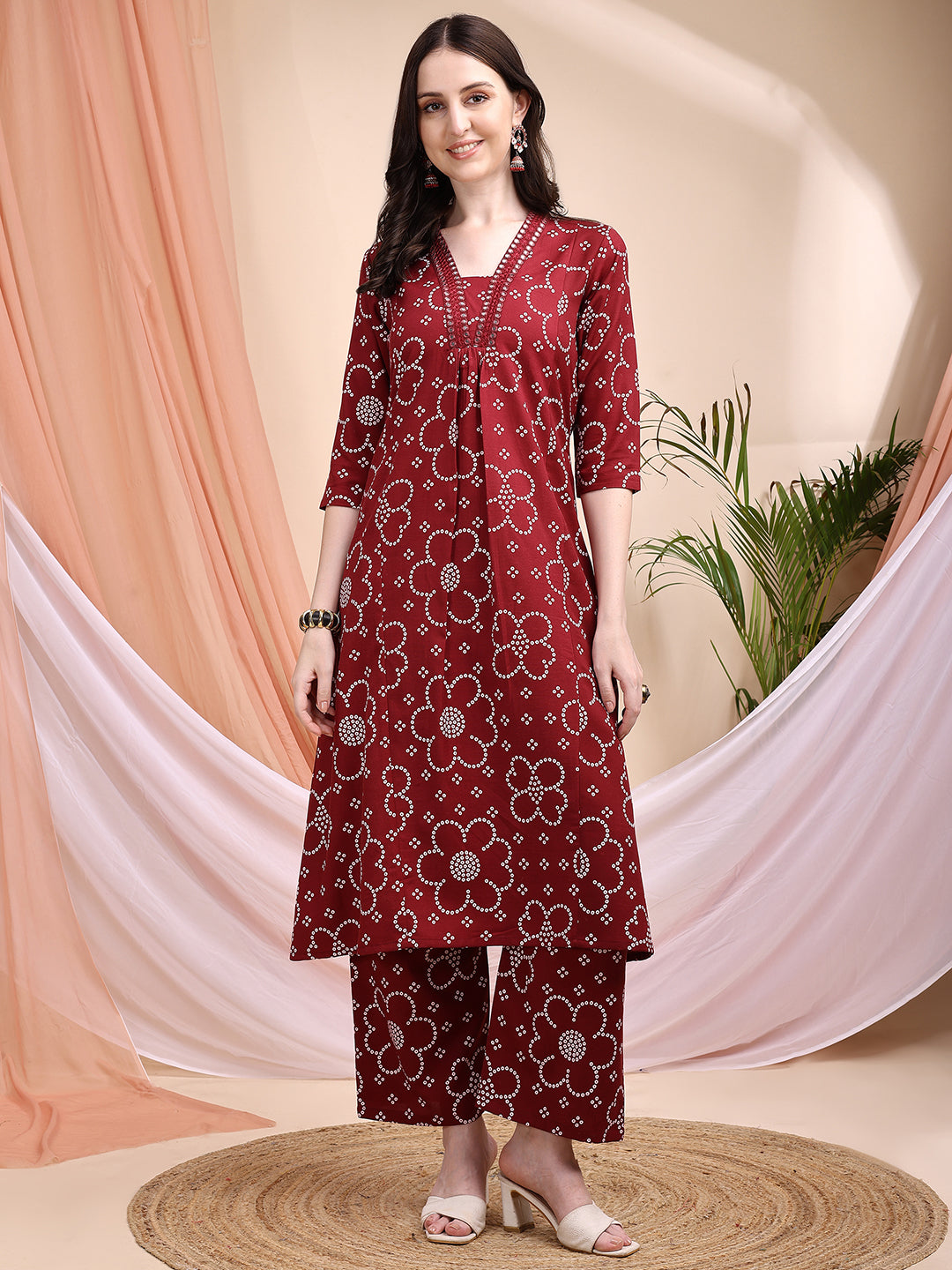 Maroon Embroidered A-Line Kurta Set with Bandhni Print & Dupatta