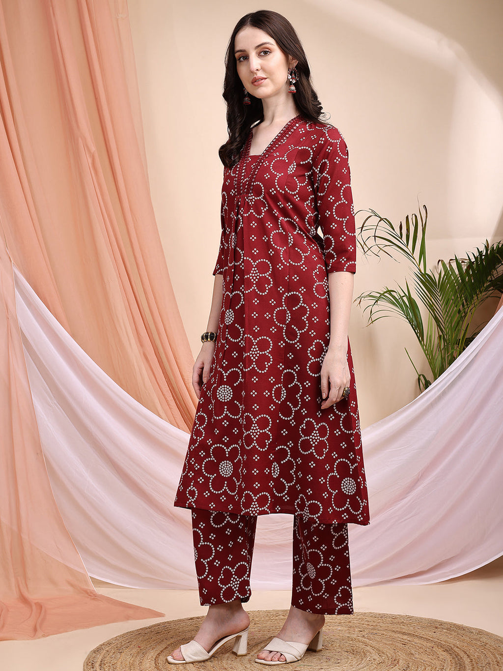 Maroon Embroidered A-Line Kurta Set with Bandhni Print & Dupatta