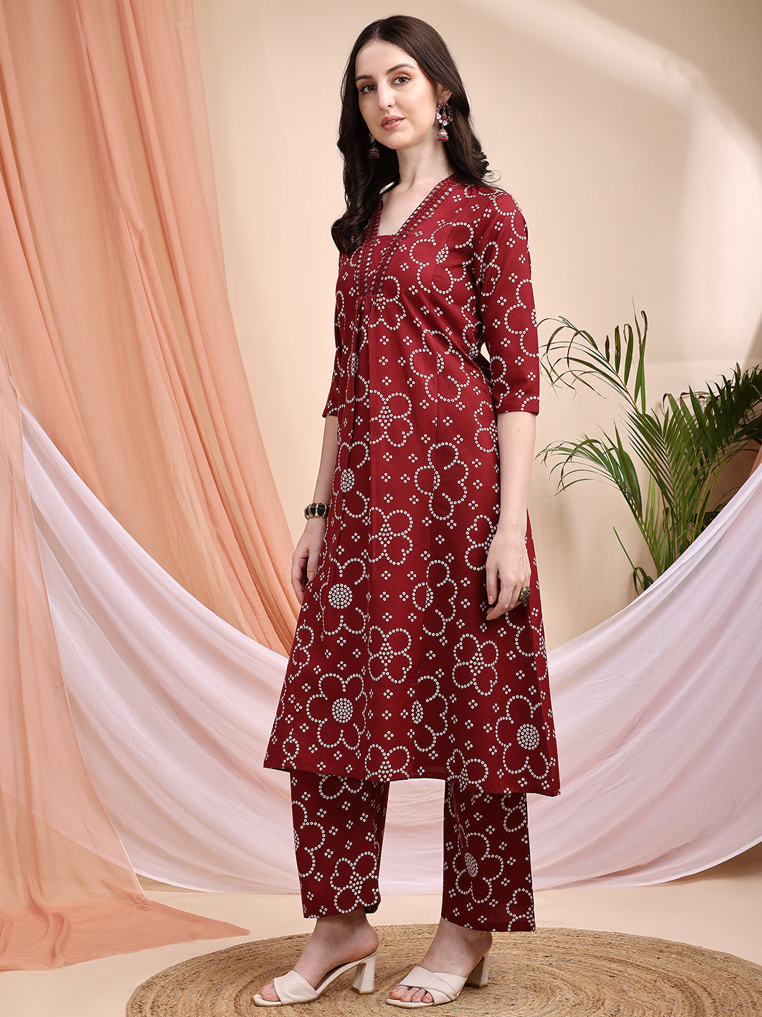 Maroon Embroidered A-Line Kurta Set with Bandhni Print & Dupatta