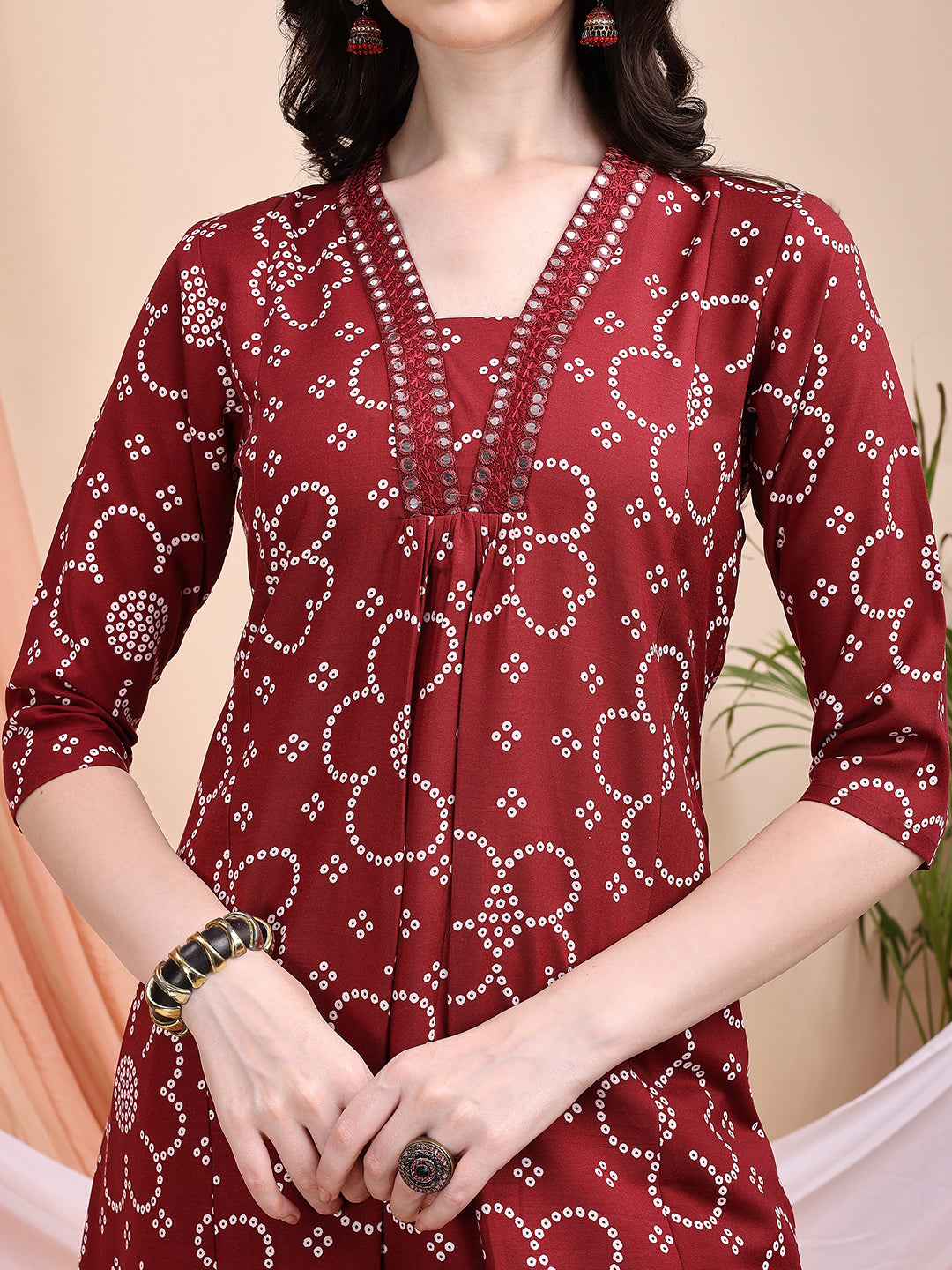 Maroon Embroidered A-Line Kurta Set with Bandhni Print & Dupatta