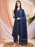 Navy blue A-line Bandhni printed rayon kurta with embroidery and matching dupatta